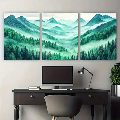3pcs Emerald Green Forest Misty Mountain Wall Art Set Canvas Framed 50x70cm - High Quality Print 100% Australian Made Wall Canvas Ready to Hang