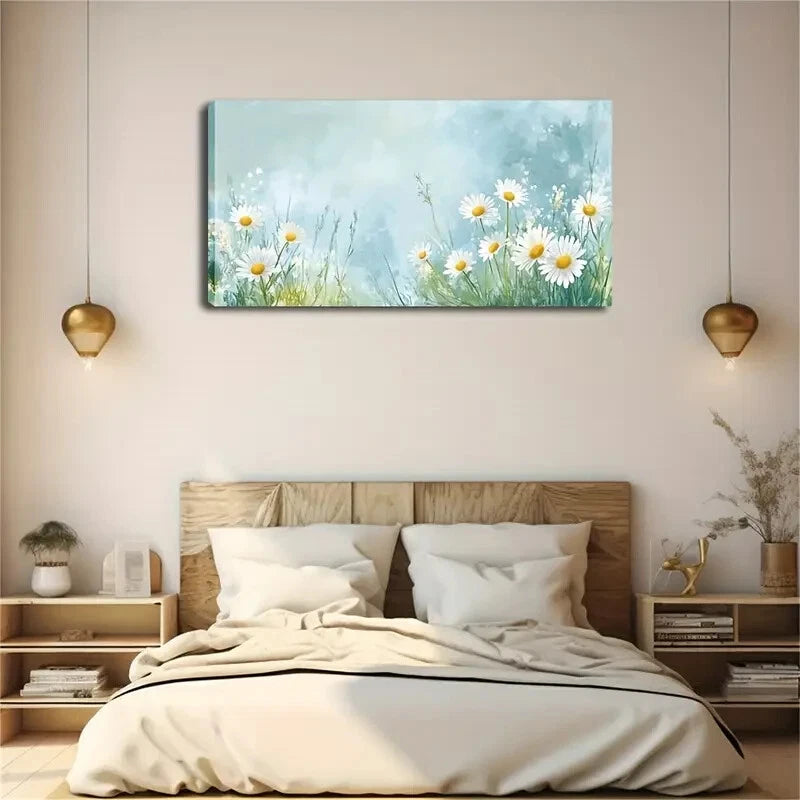 White Daisies Soft Blue & Green Wall Art Canvas Office Home Room Framed 120x60cm - Bella Home Decor