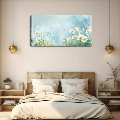 White Daisies Soft Blue & Green Wall Art Canvas Office Home Room Framed 120x60cm - Bella Home Decor