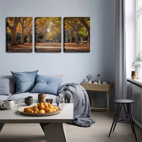 3pcs Autumn Road On Both Sides Of Trees Wall Art Set Wall Art Canvas Unframed - High Quality Print 100% Australian Made Wall Canvas - Bella Home Decor