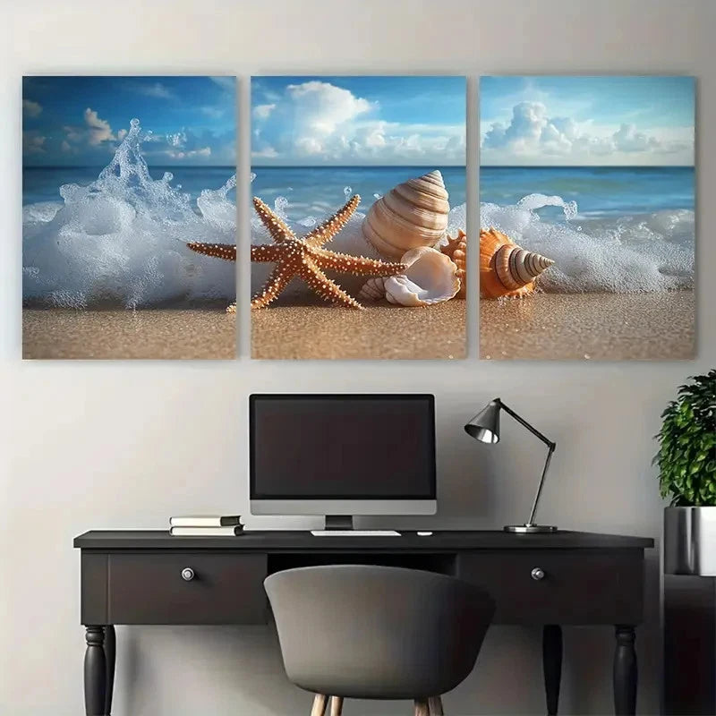3pcs Coastal Beach Photography Starfish & Shells Wall Art Set Canvas Framed 40x60cm - High Quality Print 100% Australian Made Wall Canvas Ready to Hang - Bella Home Decor