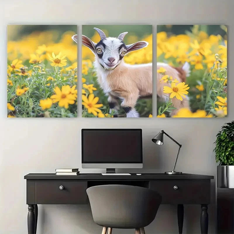 3pcs Cute Goat Kid Baby Exploring a Floral Field Metal Print Ready to Hang Art - Bella Home Decor