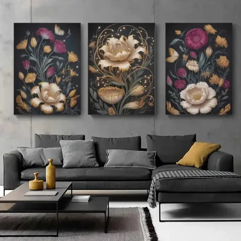 3pcs Golden Flowers, Butterflies Canvas Wall Art Canvas Unframed - High Quality Print 100% Australian Made Wall Canvas - Bella Home Decor