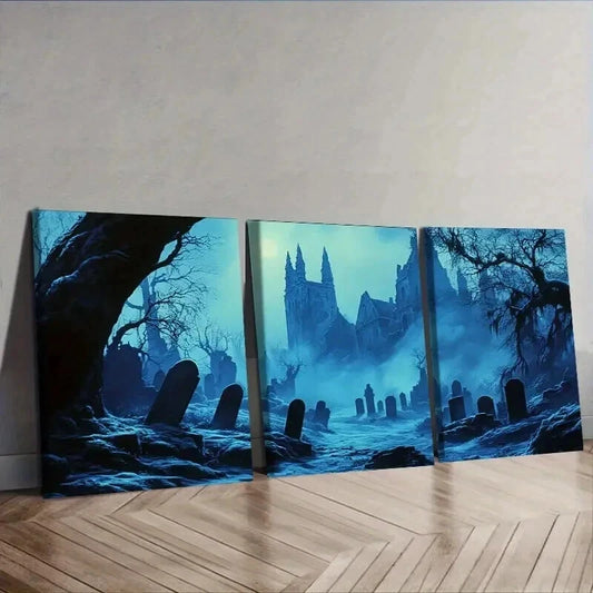 3pcs Gothic cemetery Wall Art Set Canvas Framed 50x70cm - High Quality Print 100% Australian Made Wall Canvas Ready to Hang