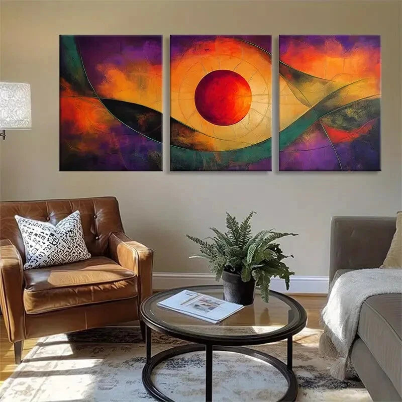 3pcs Vibrant Abstract Geometric Orange & Purple Metal Print Ready to Hang Art - Bella Home Decor