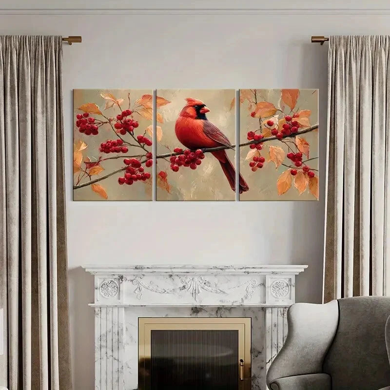 3pcs Cardinal Bird Red Berries Autumn Leaves Metal Print Ready to Hang Art - Bella Home Decor
