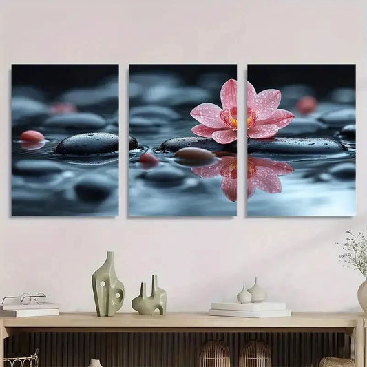 3pcs Zen Orchid Serene Water Reflection Pebble Metal Print Ready to Hang Art