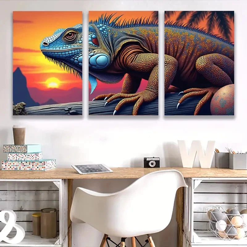 3pcs Vibrant Iguana Sunset Triptych D   Wall Art Set Canvas Framed 40x60cm - High Quality Print 100% Australian Made Wall Canvas Ready to Hang