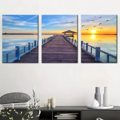 3pcs Natural Pine Wood Pier Sea view Painting Wall Art Canvas Unframed - High Quality Print 100% Australian Made Wall Canvas