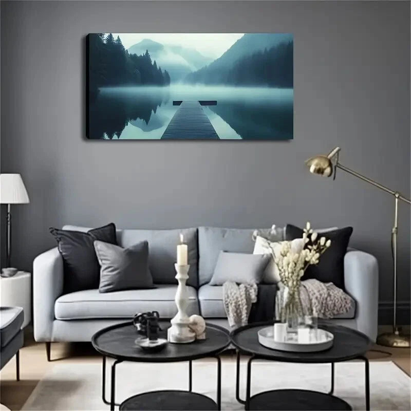 Serene Lake Landscape Bridge Wall Art Canvas Office Home Room Framed 120x60cm - Bella Home Decor