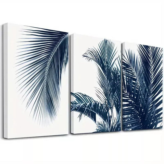 3pcs Classic Retro Minimalist Blue Palm Leaves wall Art Set Canvas Framed 50x70cm - High Quality Print 100% Australian Made Wall Canvas Ready to Hang