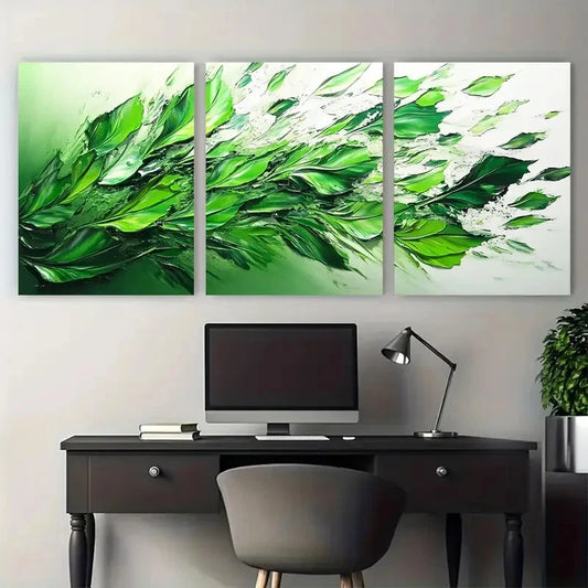 3pcs Green Splash Abstract Unique Leaves Wall Art Set Canvas Framed 40x60cm - High Quality Print 100% Australian Made Wall Canvas Ready to Hang