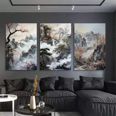 3pcs Mountain and Forest Chinese Cultural Painting Wall Art Set Canvas Unframed - High Quality Print 100% Australian Made Wall Canvas