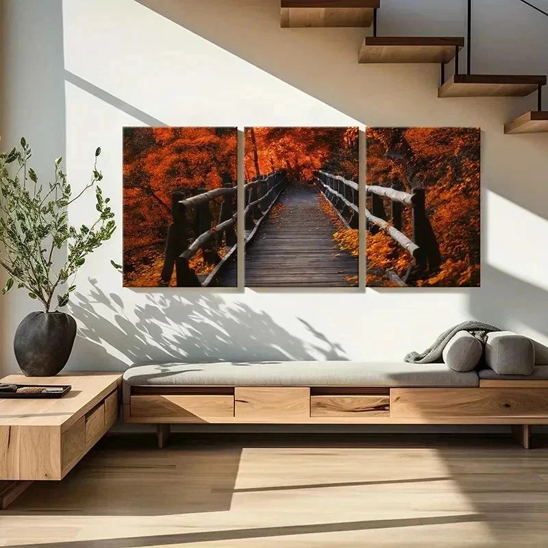 3pcs Vibrant Maple Leaf Bridge Scenery  Wall Art Set Canvas Framed 50x70cm - High Quality Print 100% Australian Made Wall Canvas Ready to Hang