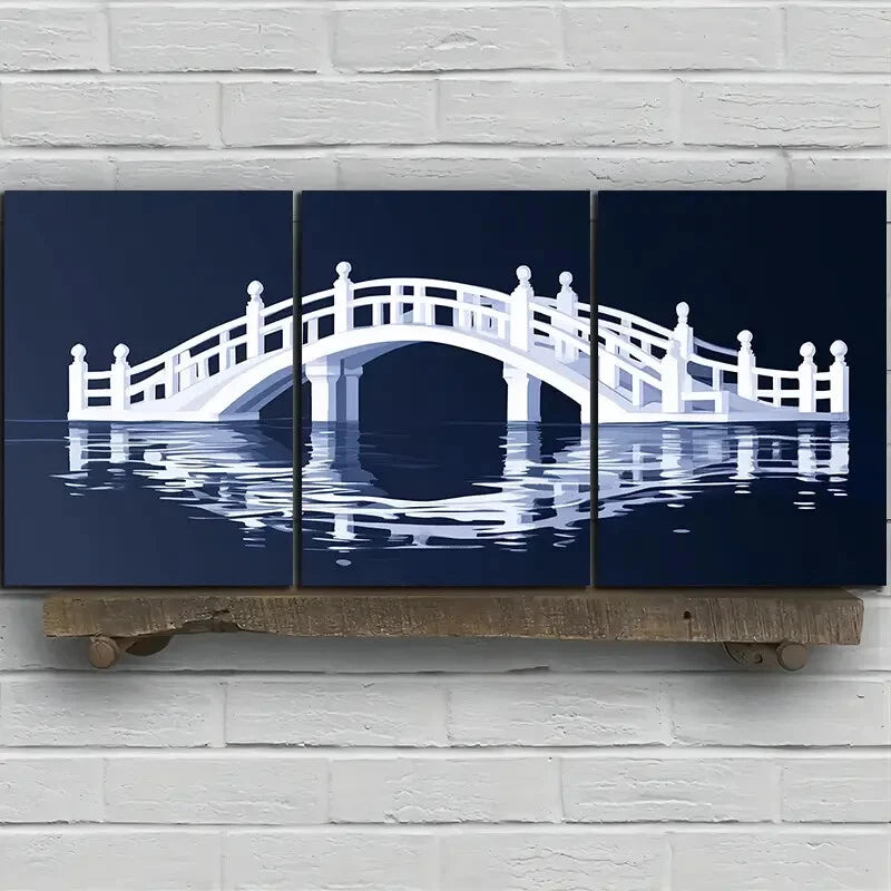 3pcs Arch Bridge Reflection Blue Themed Metal Print Ready to Hang Art - Bella Home Decor