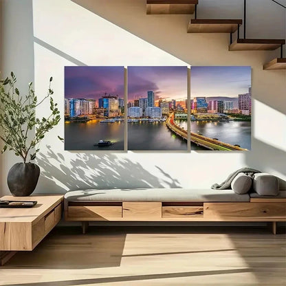 3pcs Vibrant Cityscape with Sunset, Palm Trees Metal Print Ready to Hang Art