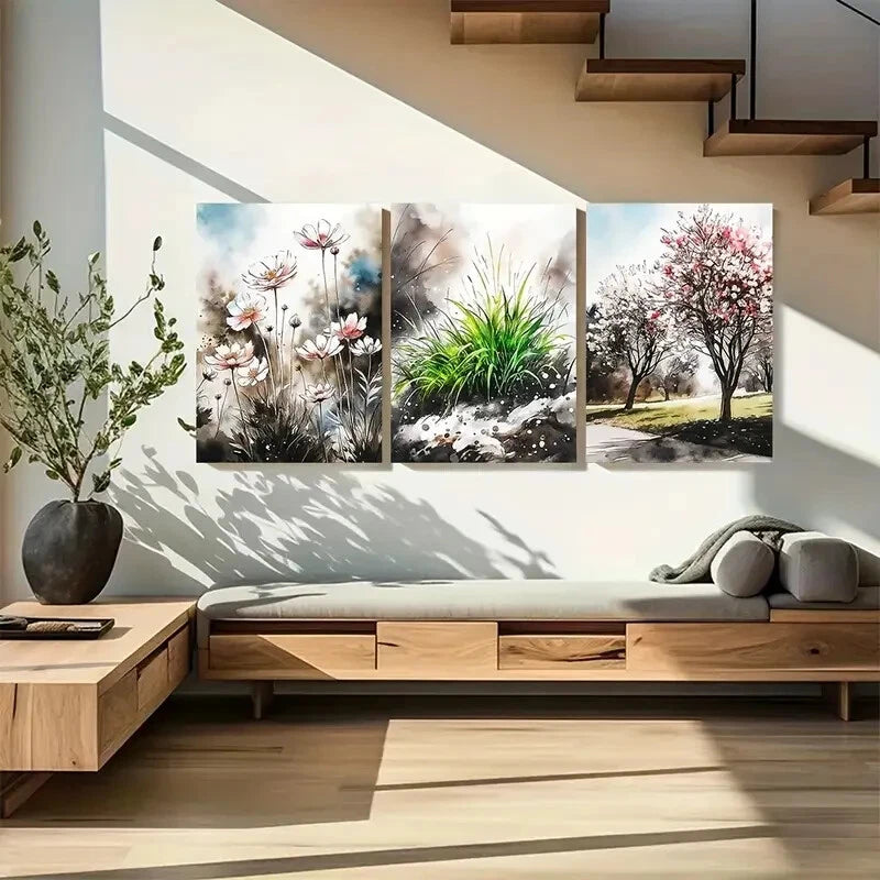 3pcs Soft Tones Floral & Tree Watercolor Design Metal Print Ready to Hang Art - Bella Home Decor