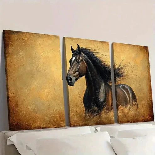 3pcs Vintage Majestic Brown Horse Painting Wall Art Canvas Unframed - High Quality Print 100% Australian Made Wall Canvas