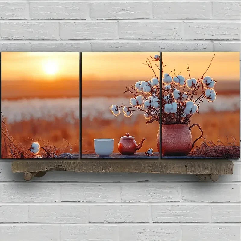 3pcs Teapots and Cups in The Fields Sunrise Metal Print Ready to Hang Art - Bella Home Decor