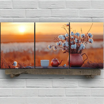 3pcs Teapots and Cups in The Fields Sunrise Metal Print Ready to Hang Art - Bella Home Decor