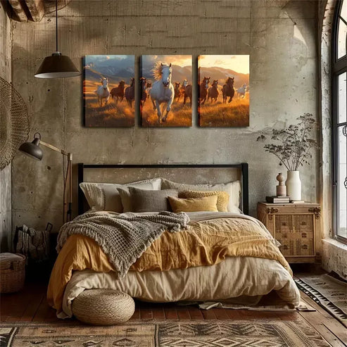 3pcs Good Luck, with Life-Filled Horses Wall Art Set Canvas Unframed - High Quality Print 100% Australian Made Wall Canvas - Bella Home Decor