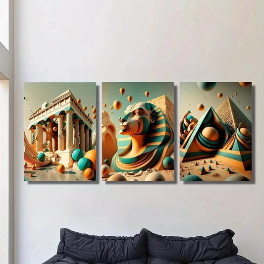 3pcs Golden Pagoda, Sphinx, Parthenon, travel Metal Print Ready to Hang Art