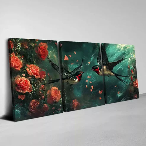 3pcs Charming Swallows Flying and Floral Roses Canvas Unframed - High Quality Print 100% Australian Made Wall Canvas