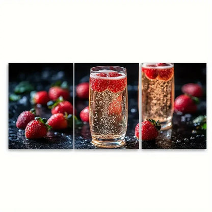 3pcs Elegant Champagne and Strawberries Design Wall Art Set Canvas Framed 50x70cm - High Quality Print 100% Australian Made Wall Canvas Ready to Hang - Bella Home Decor