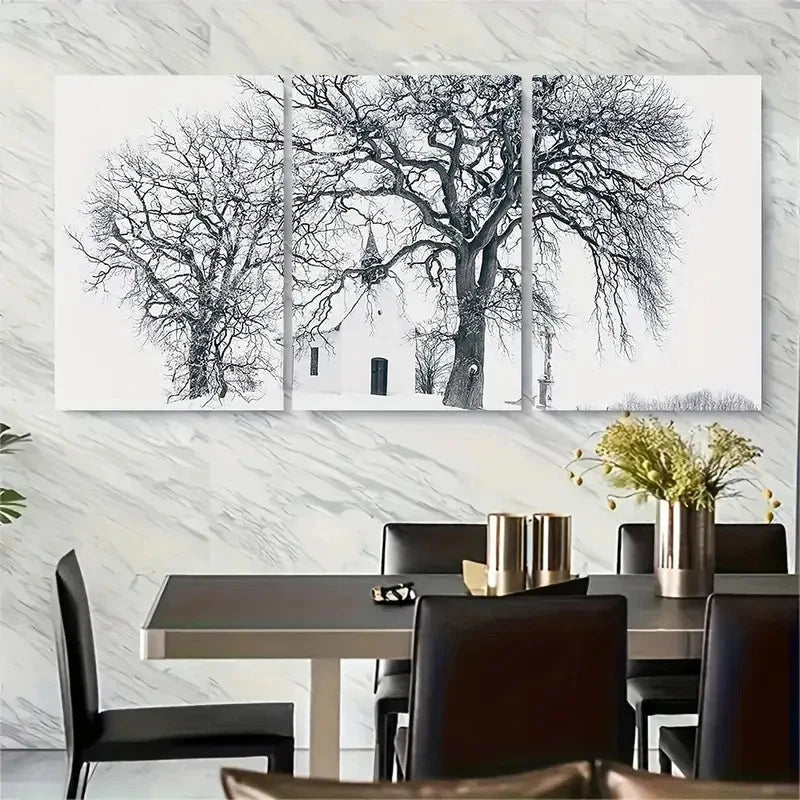 3pcs - Snowy Forest Scene with Bare Trees Metal Print Ready to Hang Art - Bella Home Decor