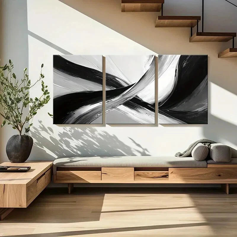 3pcs Abstract Black White Minimalist Swirls Metal Print Ready to Hang Art - Bella Home Decor