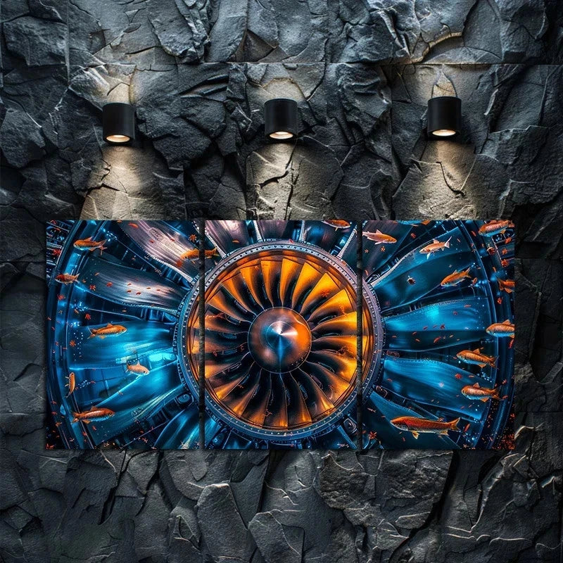 3pcs Inner View of An Aircraft Engine Metal Print Ready to Hang Art