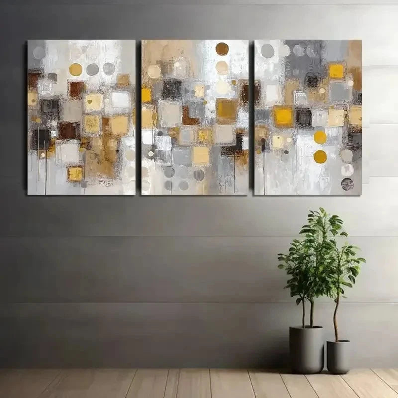 3pcs Abstract White and Golden Blocks Metal Print Ready to Hang Art - Bella Home Decor
