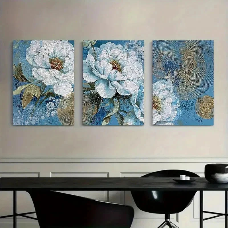 3pcs Golden and Blue Floral Design Metal Print Ready to Hang Art - Bella Home Decor