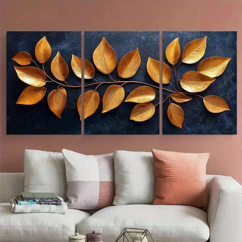 3pcs Tropical Plant Life Exotic Golden Leaves Metal Print Ready to Hang Art - Bella Home Decor