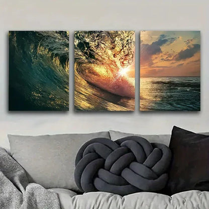 3pcs Sunset Ocean Wave Wall Art Set Wall Art Set Canvas Unframed - High Quality Print 100% Australian Made Wall Canvas - Bella Home Decor