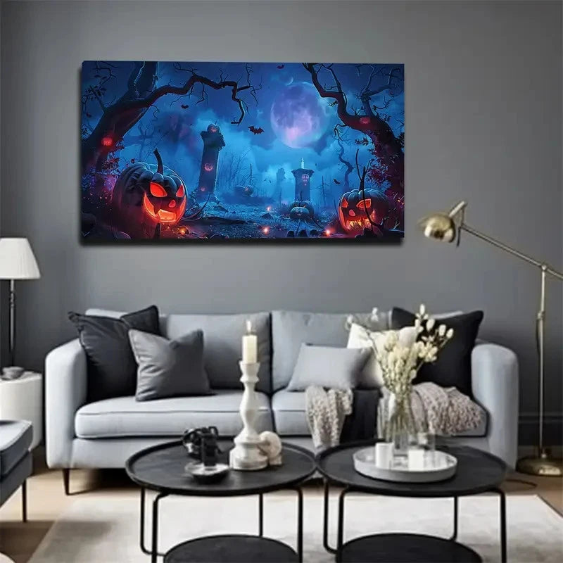 Castle & Graveyard Night Scene Wall Art Canvas Office Home Room Framed 120x60cm
