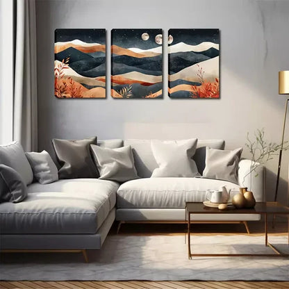 3pcs Layered Mountain, Two Moons Wall Art Canvas Unframed - High Quality Print 100% Australian Made Wall Canvas