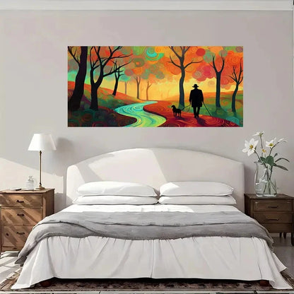 Autumn Walk With Dog Wall Art Canvas Office Home Room Framed 120x60cm
