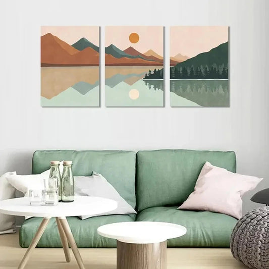 3pcs Abstract Sun Mountain Forest Lake Metal Print Ready to Hang Art