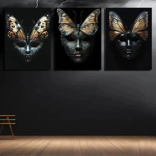 3pcs Butterfly Mask Painting Dark Metal Print Ready to Hang Art