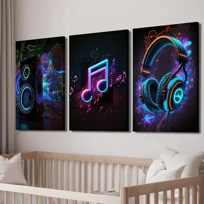 3pcs Neon Creative Audio Headphones Note Wall Art Set Canvas Unframed - High Quality Print 100% Australian Made Wall Canvas