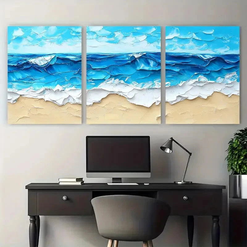 3pcs Blue Beach Abstract Painting Summer Sea Wall Art Set Canvas Framed 50x70cm - High Quality Print 100% Australian Made Wall Canvas Ready to Hang - Bella Home Decor