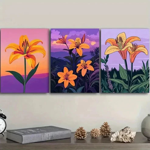 3pcs Paintings Featuring Orange Lilies  Wall Art Set Canvas Unframed - High Quality Print 100% Australian Made Wall Canvas