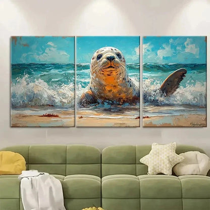 3pcs Vibrant Seal Beach Marine Animals ER    Wall Art Set Canvas Framed 40x60cm - High Quality Print 100% Australian Made Wall Canvas Ready to Hang - Bella Home Decor