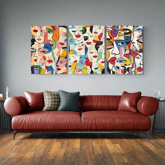 3pcs Multicolor Geometric Face Paintings Metal Print Ready to Hang Art