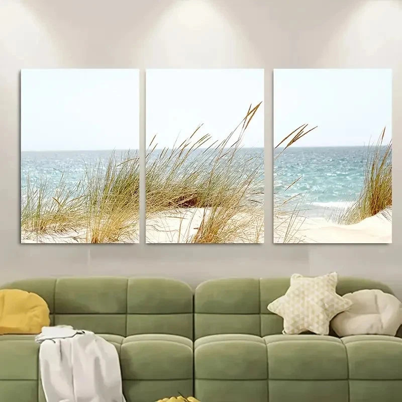 3pcss Beach Grass Art Panels Coastal Ocean View Metal Print Ready to Hang Art