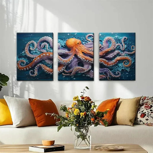 3pcs Vibrant Octopus Deep Sea Tentacle Perfect Wall Art Set Canvas Framed 60x90cm - High Quality Print 100% Australian Made Wall Canvas Ready to Hang
