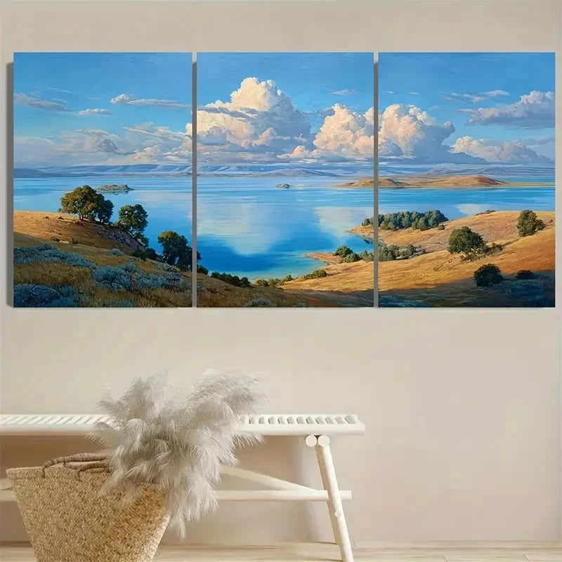 3pcs Lake Fort Peck Scenic Wall Art Set Canvas Framed 50x70cm - High Quality Print 100% Australian Made Wall Canvas Ready to Hang