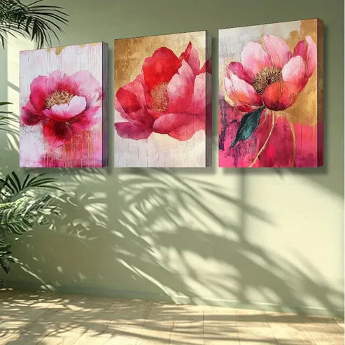 3pcs Pink Peony Flowers Wall Art Set Canvas Unframed - High Quality Print 100% Australian Made Wall Canvas