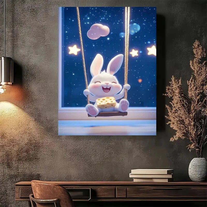 Beautiful Whimsical Bunny Swing Night Sky Painting 40x60cm Metal Print Ready to Hang - Bella Home Decor